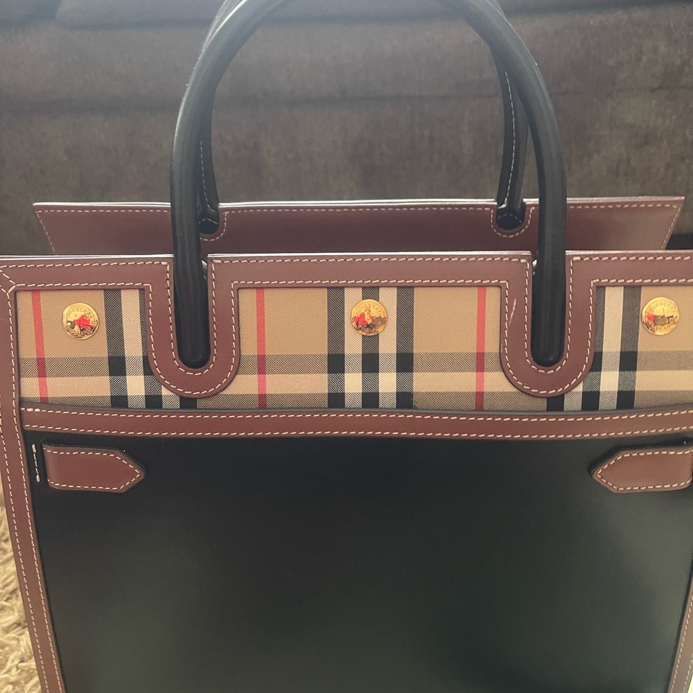 Burberry Title Vintage Check Leather Satchel Black Brown - Picture 12 of 15
